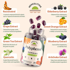 Nepeolithia Polyphenol Gummies ingredients closeup, showcasing plant polyphenols and vitamins.