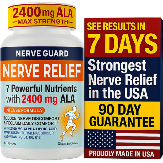 Nerve Guard alpha lipoic acid bottle showing 2400 mg daily support for comfort