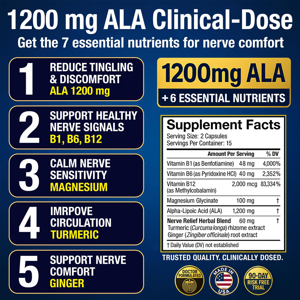 Nerve Guard label detail shows B vitamins and magnesium for nerve health.