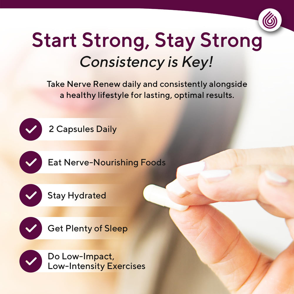 NERVE RENEW daily-use setup featuring capsules and bottle.