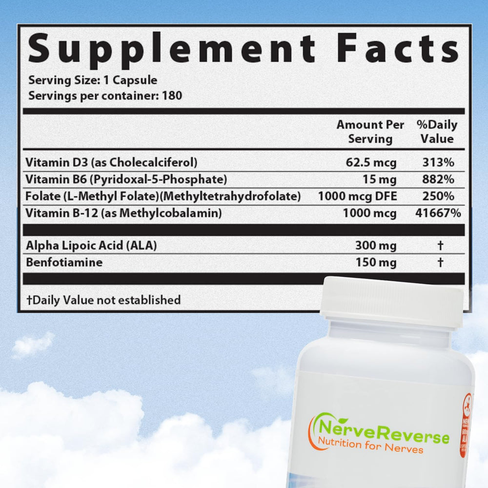 NerveReverse ingredients label visible, emphasizing alpha lipoic acid and B vitamins for metabolism.