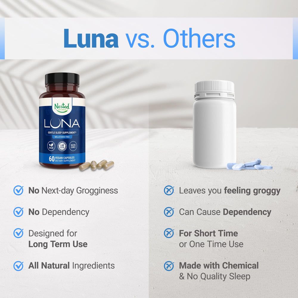 Nested Naturals Luna Melatonin-Free nighttime setup on a bedside table.