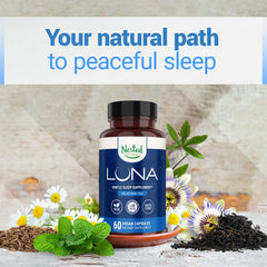 Nested Naturals Luna Melatonin-Free packaging box showing valerian and chamomile herbal blend.