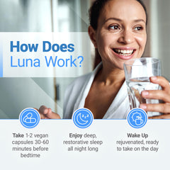 Nested Naturals Luna Melatonin-Free tablet close-up emphasizing natural sleep ingredients.