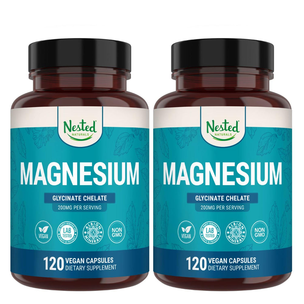 Nested Naturals Magnesium Glycinate bottle showing calm daily use and relaxation potential