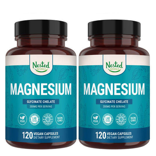 Nested Naturals Magnesium Glycinate bottle showing calm daily use and relaxation potential