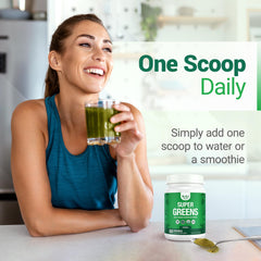 Nested Naturals Super Greens powder stirred in a glass of water for clean energy.
