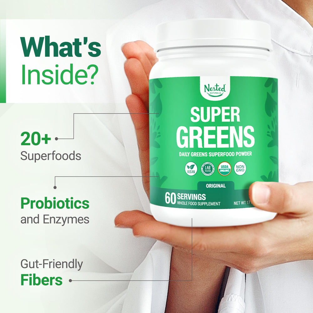 Nested Naturals Super Greens daily with spirulina and chlorella boosts daily nutrition.