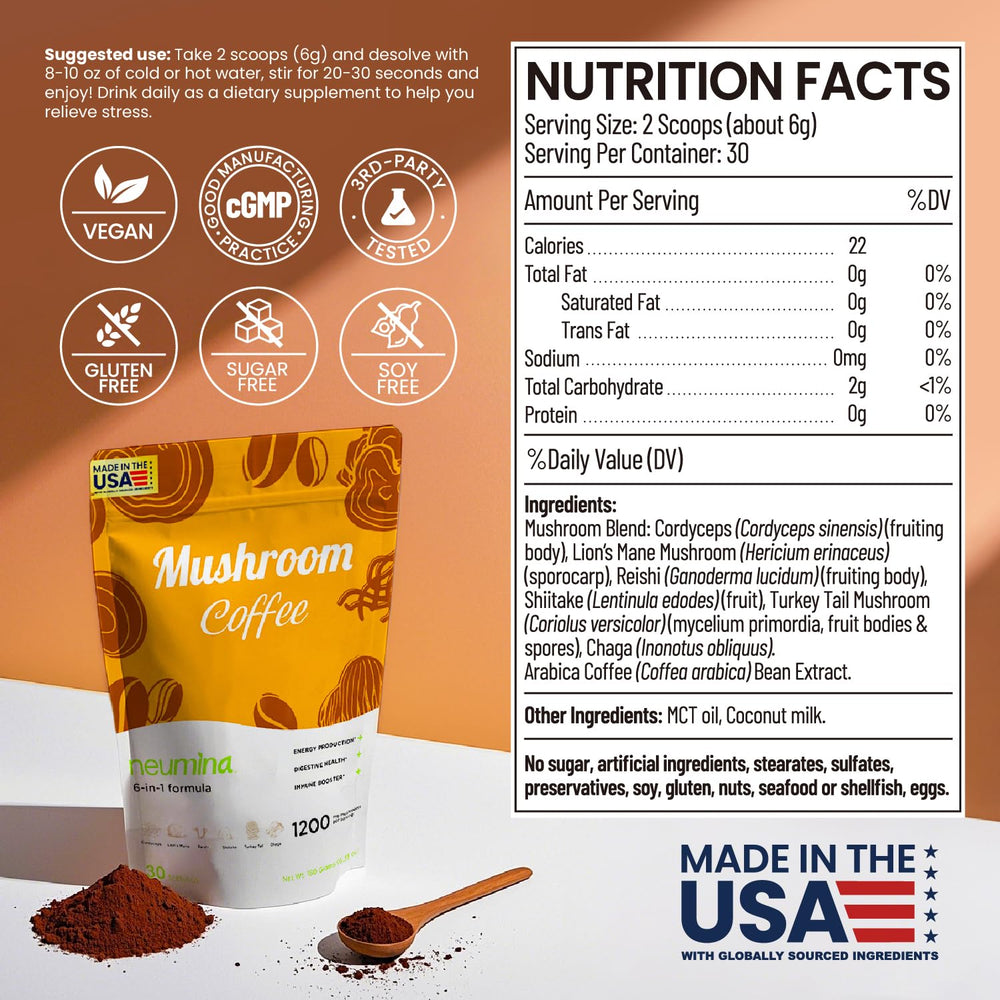 NEUMINA 6-in-1 Mushroom Coffee pour captures smooth Americano flavor with balanced energy.