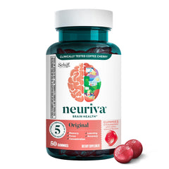 NEURIVA Original bottle front view with strawberry gummies for daily brain support.