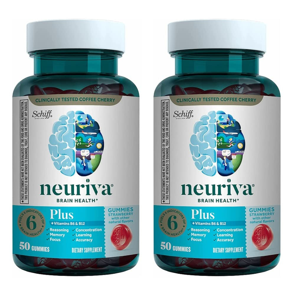 NEURIVA Plus bottle with strawberry gummies for daily brain support.