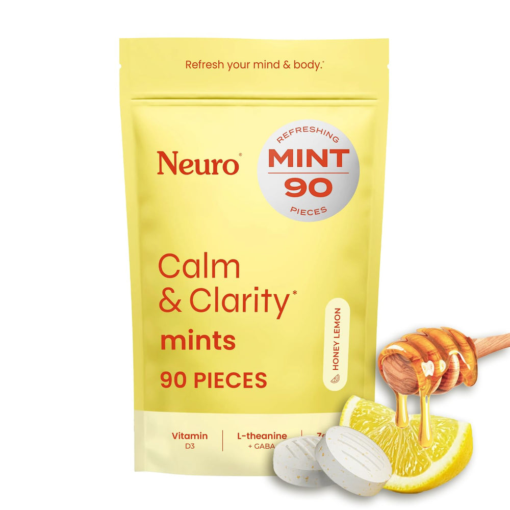 Neuro Calm and Clarity Mints packaging shows honey lemon flavor for quick calm.