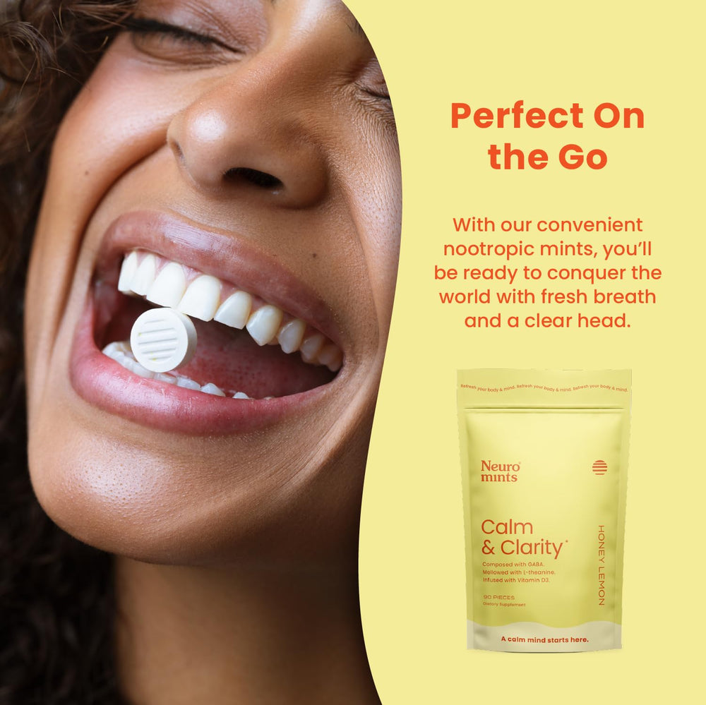 Mints dispensed from a Neuro bottle ready for daily calm and clarity.