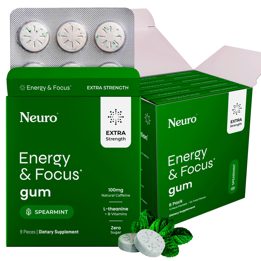 Neuro Energy & Focus Gum bottle shows minty caffeine boost for quick focus.