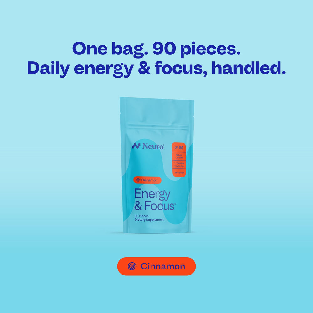 Close-up of Neuro energy gum piece in cinnamon flavor.