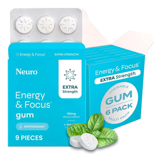 Neuro Energy & Focus Gum pack shot highlighting peppermint flavor and quick energy