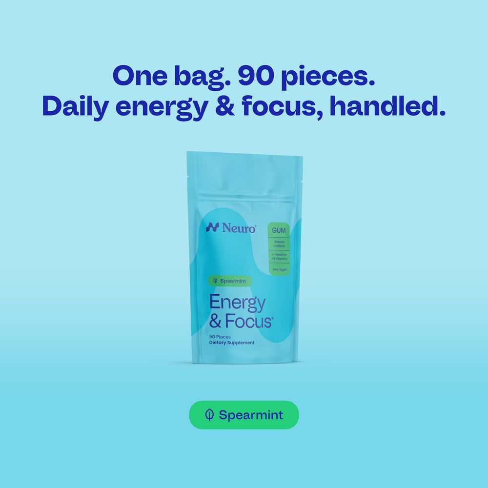 Neuro Energy & Focus Gum packaging box showcases sugar-free, vegan formula for daily concentration