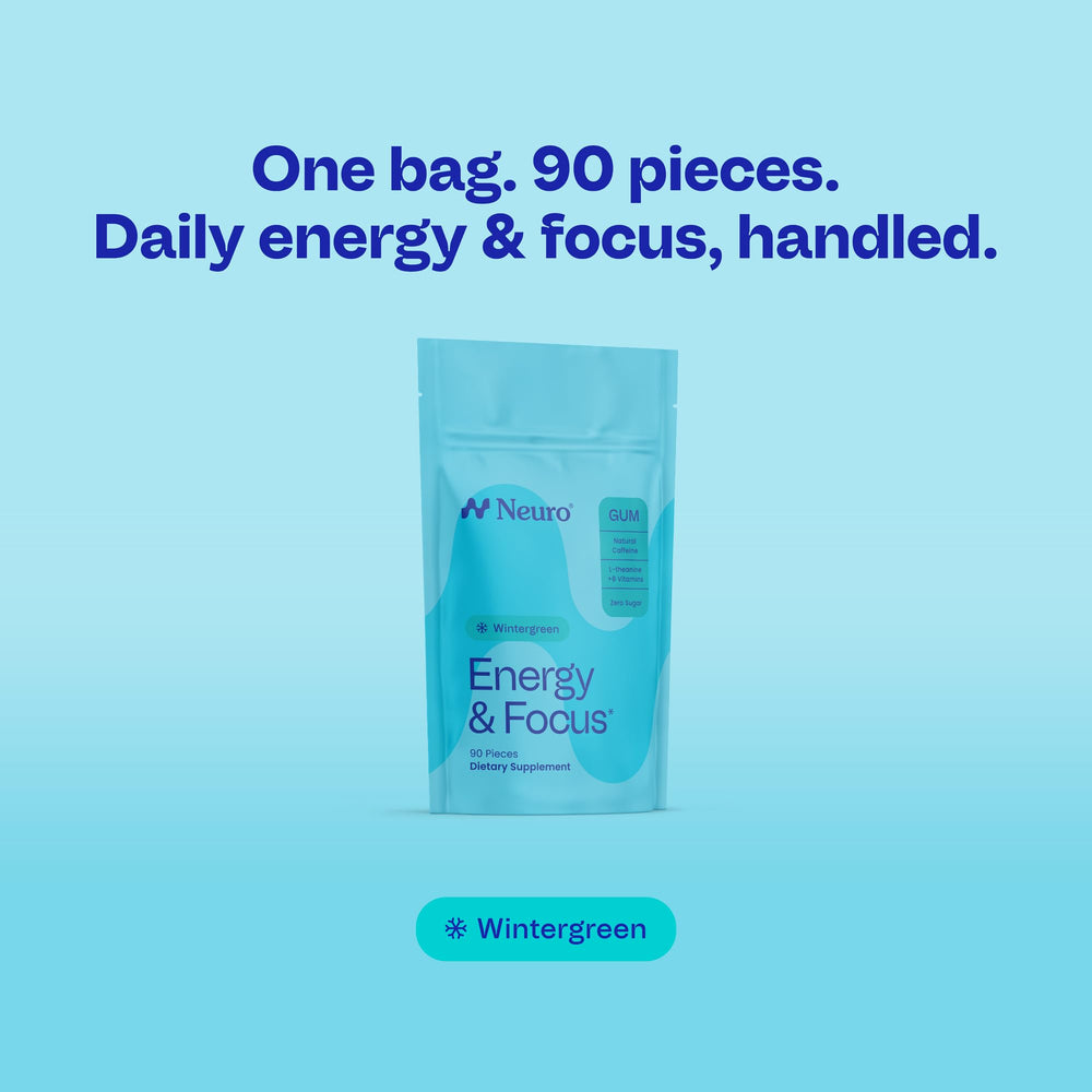 Close-up of Neuro Energy Focus gum piece with wintergreen flavor