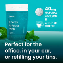 Handheld Neuro Mints pack on desk signals easy breaks.