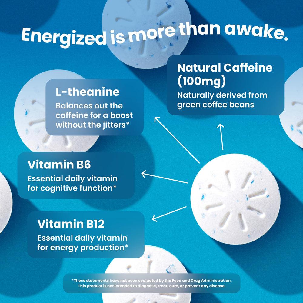 Closeup label highlighting ingredients and caffeine for quick mental lift