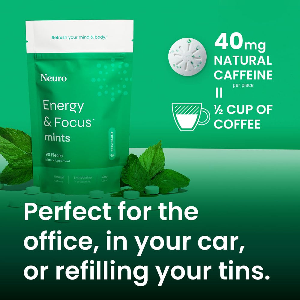 Neuro Energy Focus Mints tin back reveals ingredient details for clean cognitive support.