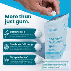 Neuro Memory & Focus Gum bottle label closeup, Cereboost ginseng and L-theanine highlighted.