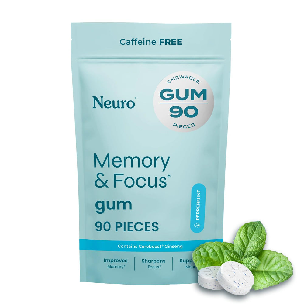 Neuro Memory & Focus Gum pack front, convenient caffeine-free brain support on the go.
