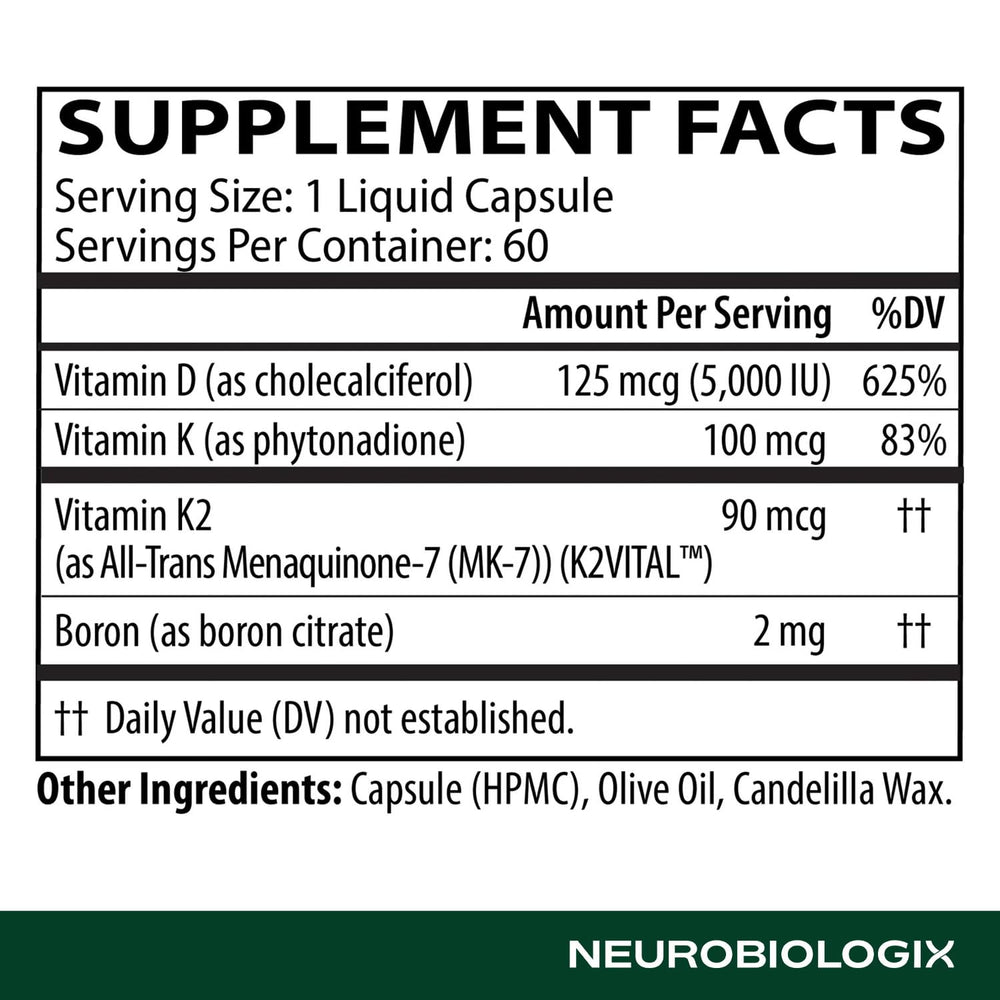 Neurobiologix D3 5000 K1/K2 capsules showing olive oil coating