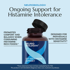 Neurobiologix Gut Histamine Support bottle and capsule close-up suggests everyday digestive balance.