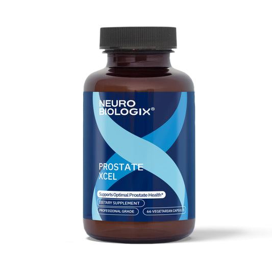Neurobiologix Prostate Xcel bottle close-up for daily urinary wellness.