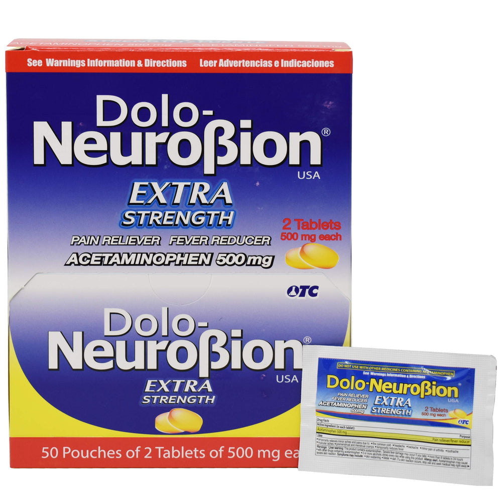 Neurobion Dolo dispenser with 50 x 2 tablets for on-the-go relief.
