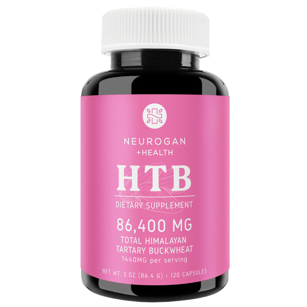 Neurogan HTB capsules bottle front, gluten-free vegan support for daily balance.