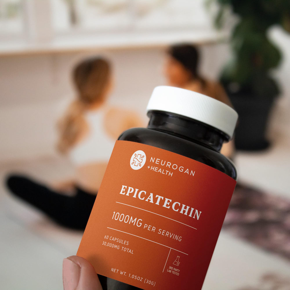 Neurogan Epicatechin bottle resting on a gym bench, ready for pre-workout routine.
