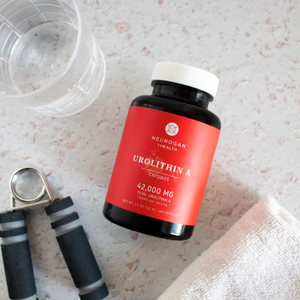 Pomegranate extract-inspired Neurogan Urolithin A capsule on shelf.