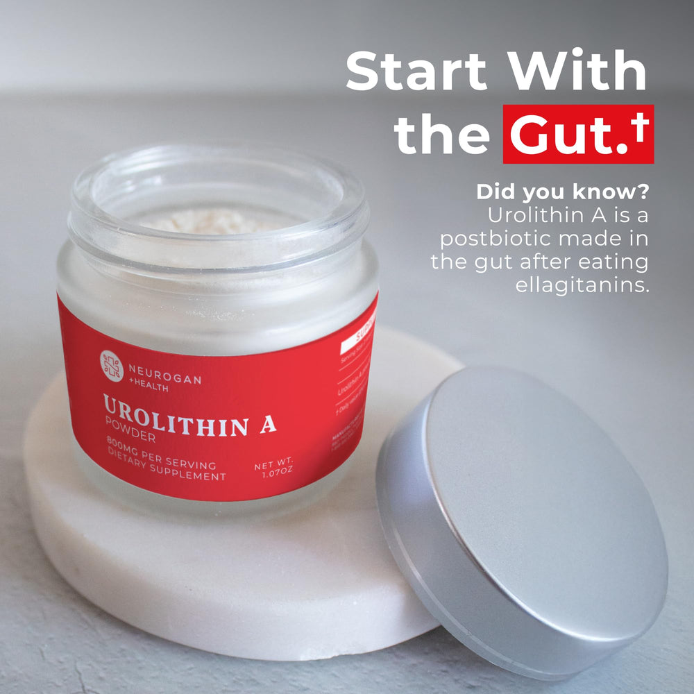 Neurogan Urolithin A powder tub with ingredients and purity testing visible