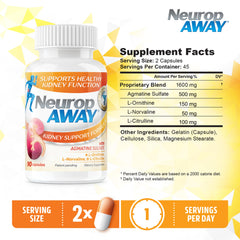 NeuropAWAY bottle being poured suggests easy daily intake for kidney support.