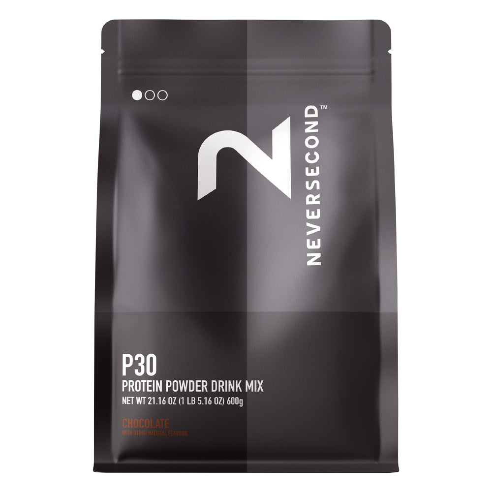 NeverSecond P30 Recovery Drink Mix tub in chocolate flavor for post-workout recovery.