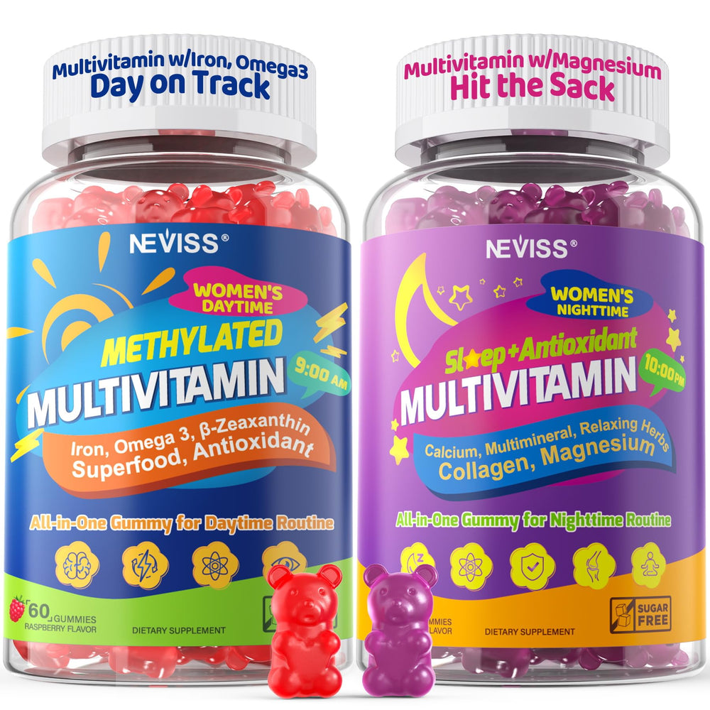 NEVISS 52-in-1 methylated women's day gummies for steady energy and daily balance.