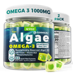 NEVISS algae omega-3 gummies pack front showing vegan DHA and EPA with no fishy aftertaste.