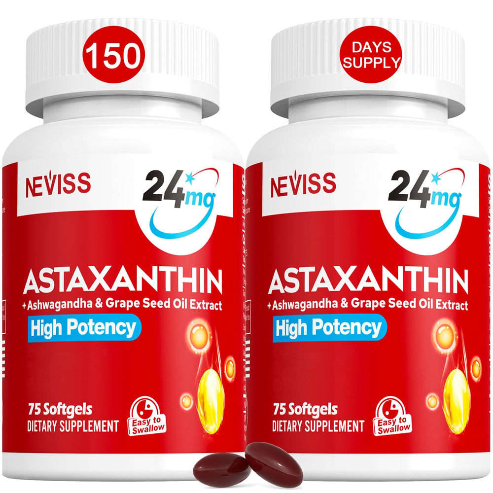 NEVISS astaxanthin softgels bottle highlights 24 mg formula for daily antioxidant support