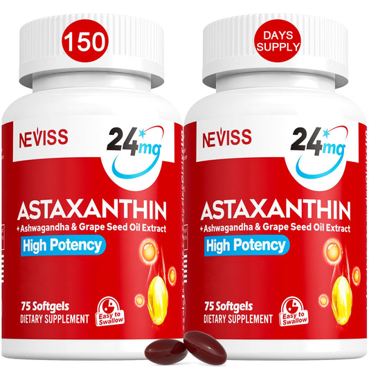 NEVISS astaxanthin softgels bottle highlights 24 mg formula for daily antioxidant support