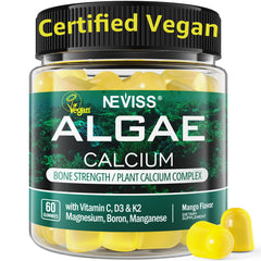 NEVISS Calcium Gummies for Women bottle displaying algae-based calcium and magnesium for bone support