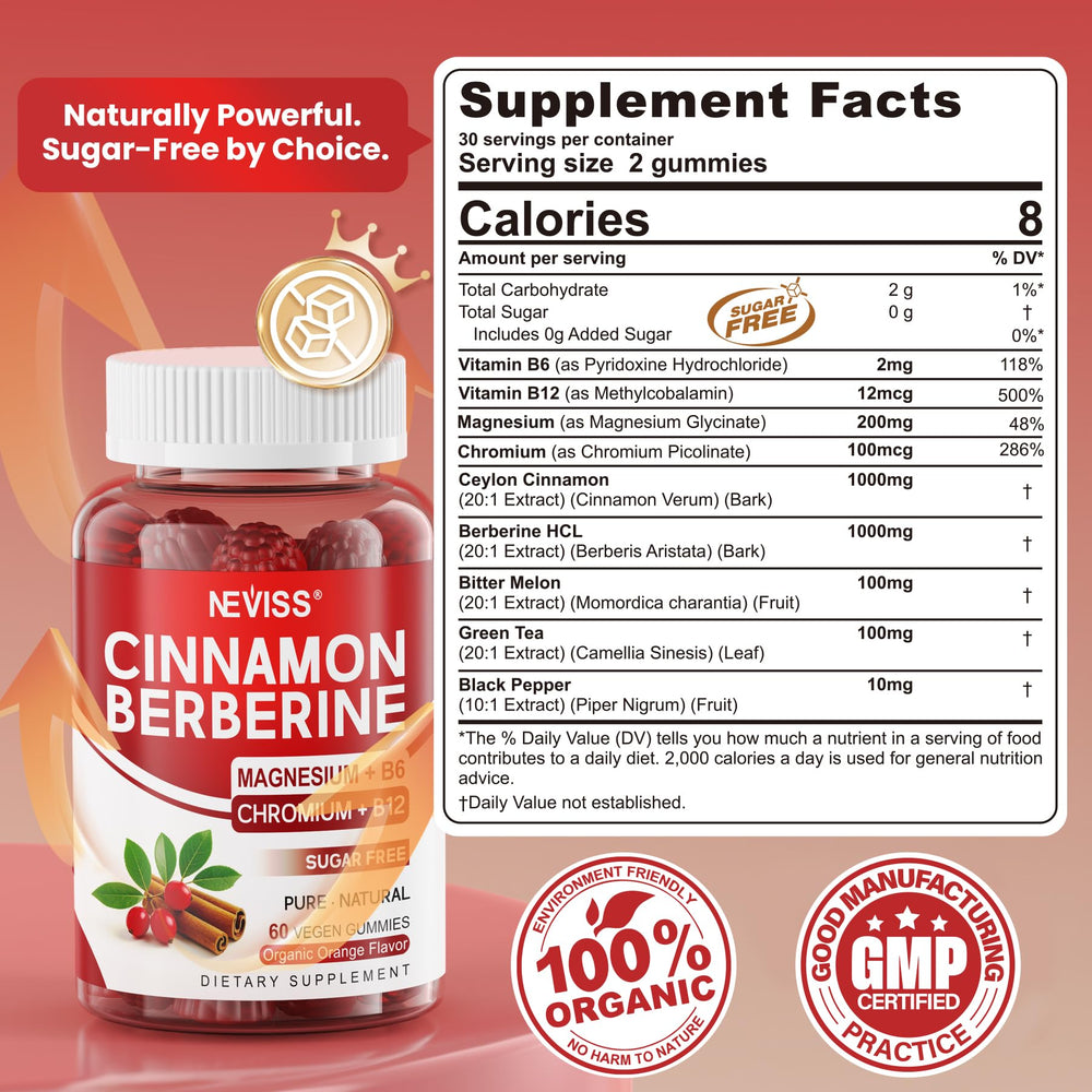 NEVISS Ceylon Cinnamon Berberine Gummies orange-flavor pour highlights sugar-free option.