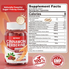 NEVISS Ceylon Cinnamon Berberine Gummies orange-flavor pour highlights sugar-free option.