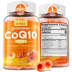 NEVISS CoQ10 Gummies with orange burst bottle for convenient daily energy support.