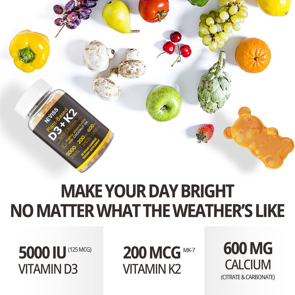 Illustration of calcium balance with NEVISS D3K2 gummies concept.