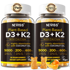 NEVISS D3K2 gummies orange bottle for daily bone and immune support.