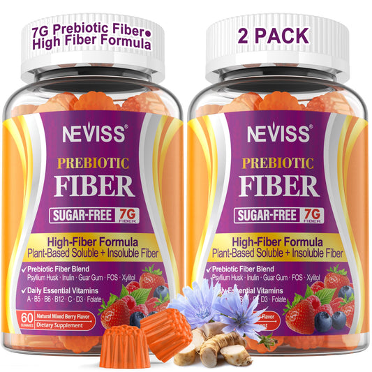 NEVISS Fiber Gummies bottle showcasing daily prebiotic fiber for gut health.