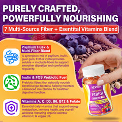 NEVISS Fiber Gummies nutrition panel lists vitamins A, C, D3, B vitamins.