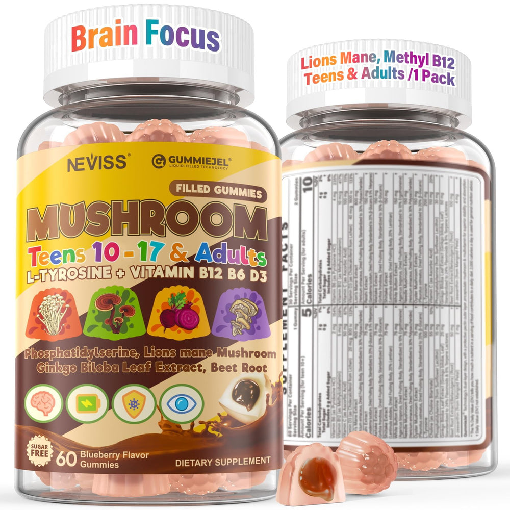 Neviss Kids 10+ Focus Gummies bottle closeup shows sugar-free formulation for focus support